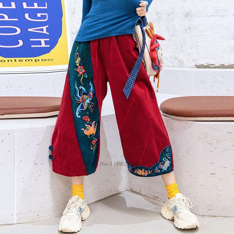 

Ethnic Clothing 2023 National Harajuku Vintage Corduroy Pants Flower Embroidered Traditional Chinese Women Wide Leg Trousers Oriental