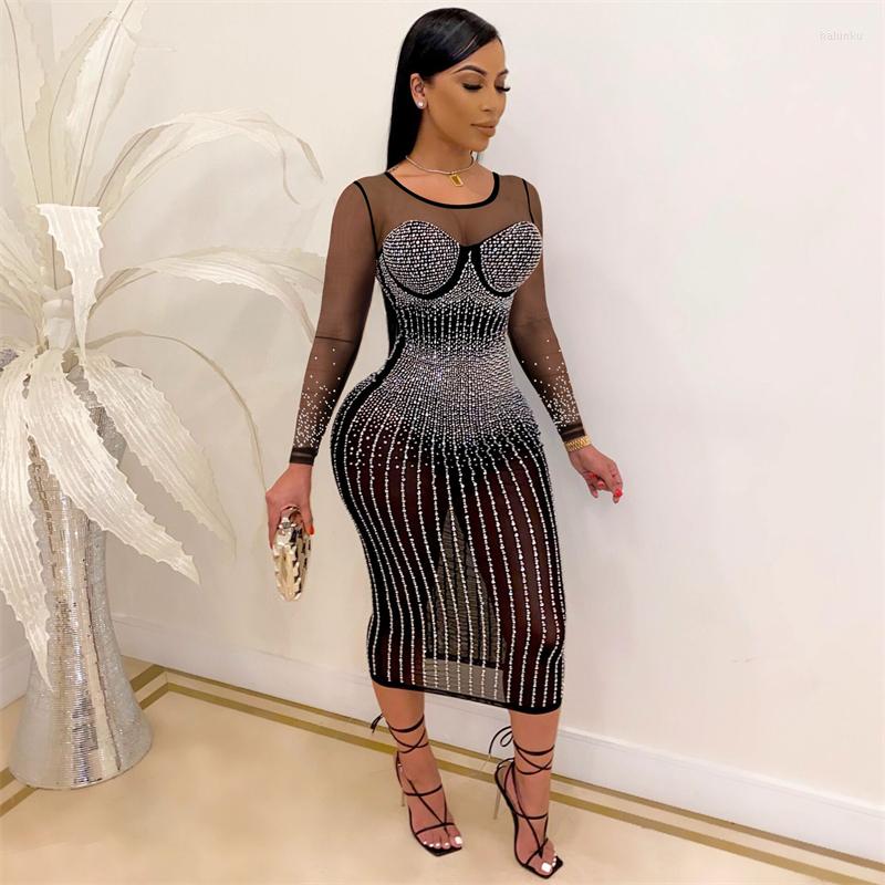 

Casual Dresses Diamonds Sheer Mesh Midi Party Dress Women Long Sleeve Bodycon Clubwear, Black