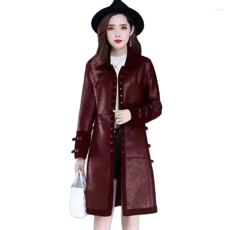 

Women's Leather Women PU Jacket Autumn Winter Fleece Warm Overcoat Female High-end Fur Integration Coats -6XL Coat, Black