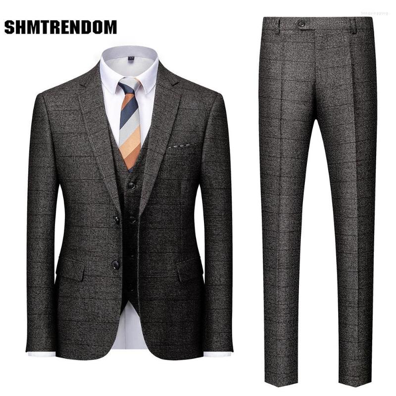 

Men's Suits (Jacket Vest Pant) 2023 Groomsmen Lapel Groom Tuxedos Burgundy Men Slim Wedding For Blazer Suit Party Prom, Dark grey
