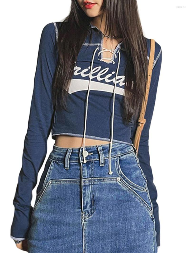 

Women' T Shirts Women Fall Fitted Crop Tops Retro Letter Print Strappy V-Neck Long-Sleeve T-Shirt For Females Blue /M/L