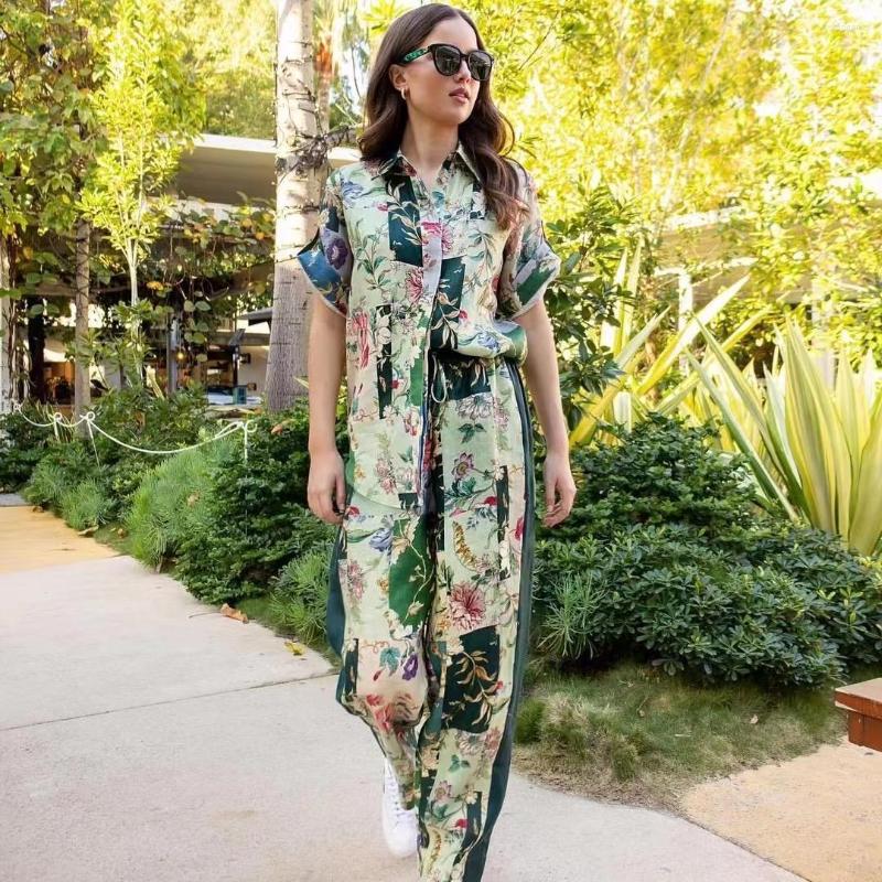

Women' Pants Women Linen Flower Print Stitching Single Breasted Shirt Elastic Waist Wide Leg Set, Only blouse