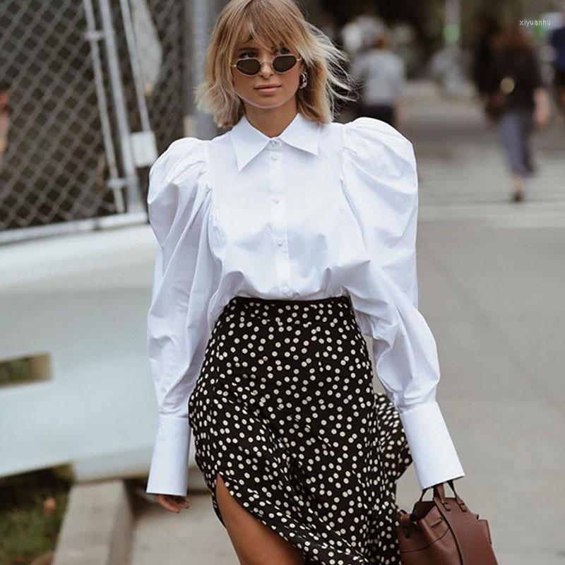 

Women' Blouses Vintage Puff Sleeve White Shirt Women Long Casual Office Lady Slim Women' Tops Button Shirts Chemise Femme 19801