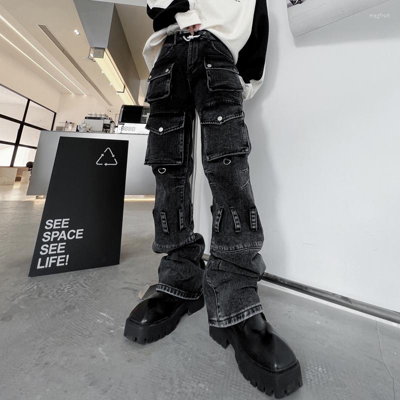 

Men's Jeans High Street Hip-hop Overalls Handsome Vintage Function Multi-pocket Personalized Black Men Clothing Y2k Denim Cargo Pants, As shown
