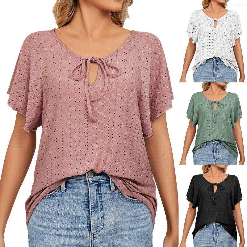 

Women's T Shirts Spring And Summer Solid Color V Neck Lace Up Short Sleeve Loose Women's Womens Tops Fuchsia Workout, Black