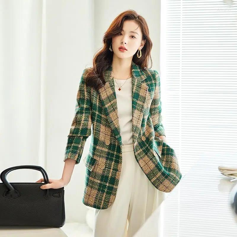 

Women' Suits Blend Wool Plaid Suit Jacket Women' Fashion Western Style Long Ladies Spring 2023 Loose Women Coat Blazer, Brown