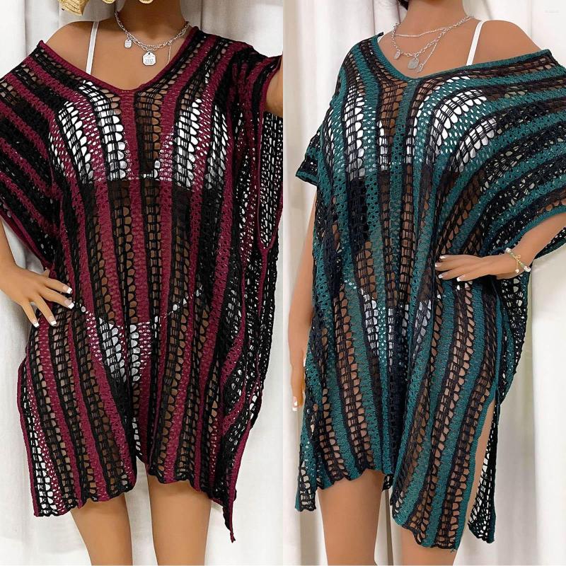 

Women's Swimwear Summer Beach Striped Hollow Oversized Knitwear Bikini Cover Up Bathing Dress Sexy Mesh See-through Short Sleeve, Red