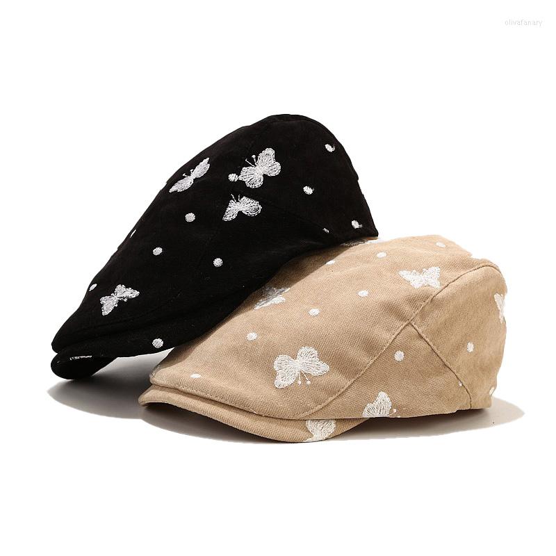 

Berets Autumn Octagonal Hat Women Street Fashion Cap Japanese Literary Retro Sboy Unisex Outdoor Butterfly Embroidery, Black