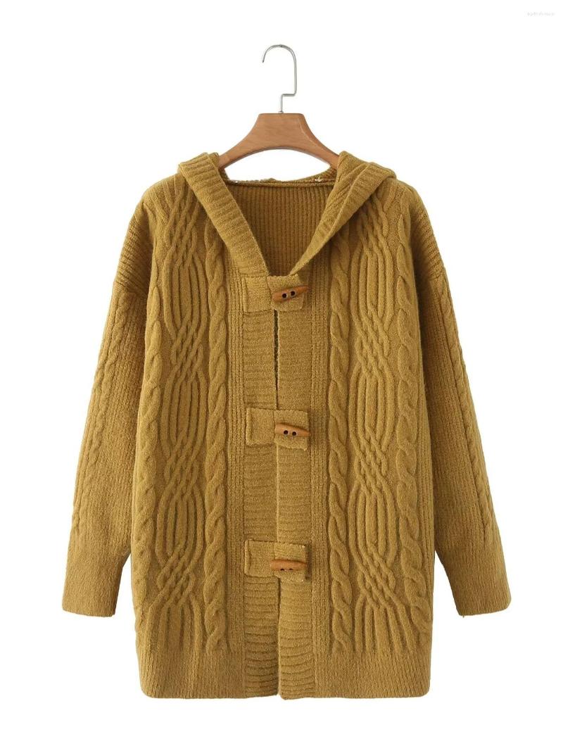 

Women' Knits Autumn Winter 2023 Women' Two-colour Hooded Cowl Button Long Sleeve Knitted Cardigan Outside Retro British Style, Gold
