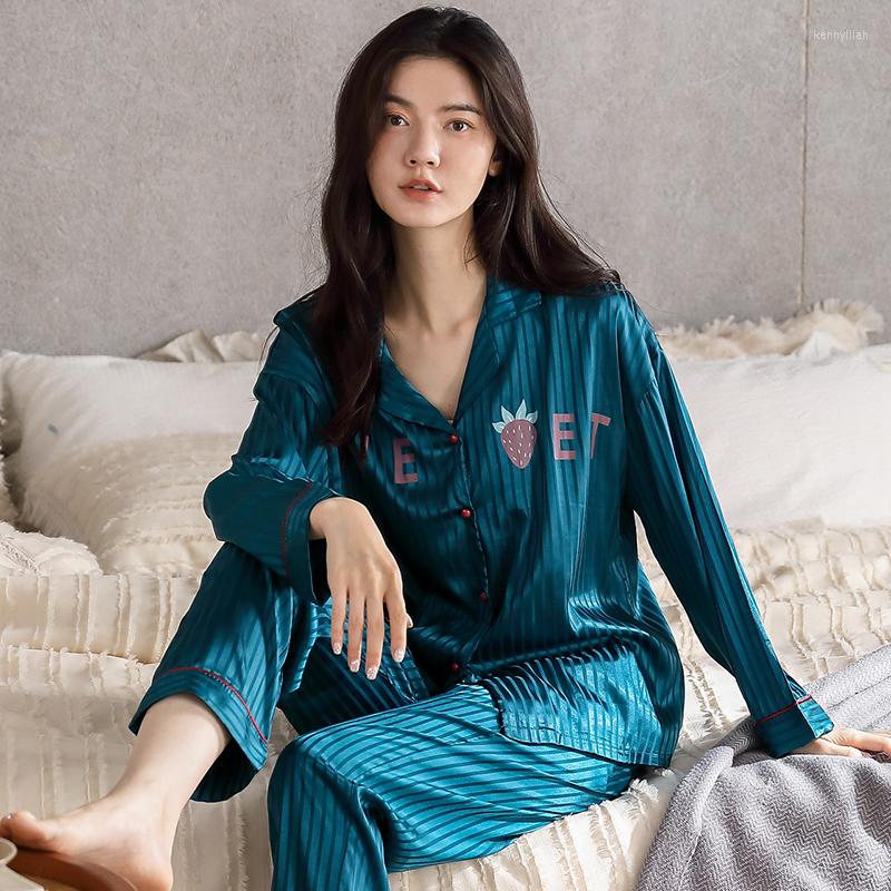 

Women's Sleepwear Spring Satin Women's Faux Silk Pajamas Two Piece Long Sleep Lounge Cardigan Lapel Loungewear Ladies Sexy Luxury Female, W19