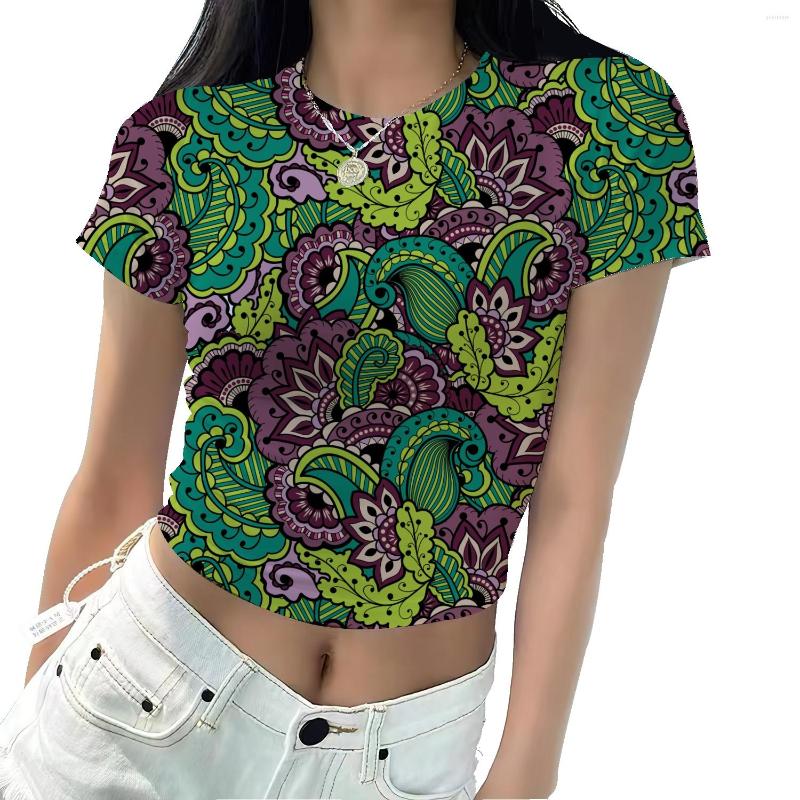 

Women's T Shirts Palis Ethnic Pattern Print Women's 2023 Basic Round Neck Sexy Navel Short-sleeved T-shirt High Waist Tight Top, Gold