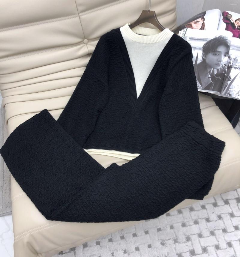 

Women' Two Piece Pants 2023SS Spring Fashion Women Fake Loose Wool Knitted Sweater Tops Casual Suits 2 Sets 3 Color Gdnz 12.22, Black