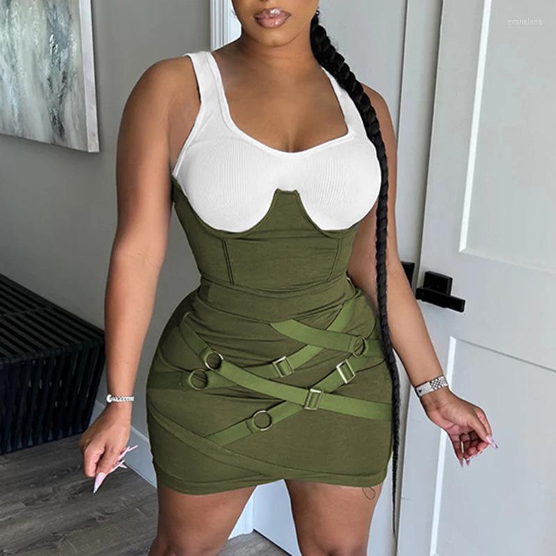 

Casual Dresses Color Patchwork Straps Women Tank Mini Dress, Green