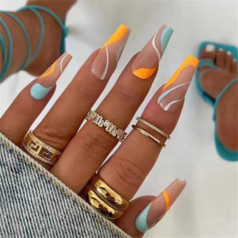 

False Nails Fashion Wavy Ballerina Nail Tips DIY Manicure Coffin Fake Set Press On French Colorful With Designs, 01