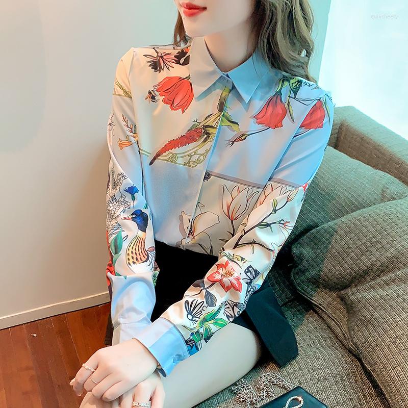 

Women' Blouses Spring Autumn Women' Shirts Floral Print Long Sleeves Lapel Satin Silk Women Casual Basic All-Match Tops, Sky blue
