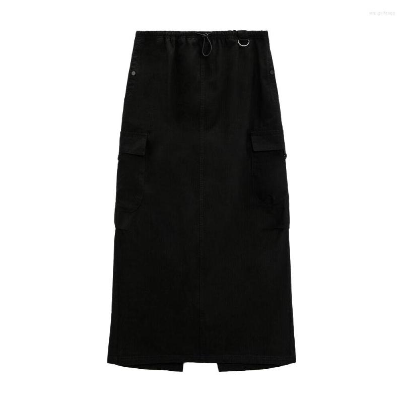 

Skirts Zach AiIsa Fall And Winter Women's Fashion Black Casual Pocket High Waist Micro-elastic Back Split Half-body Skirt