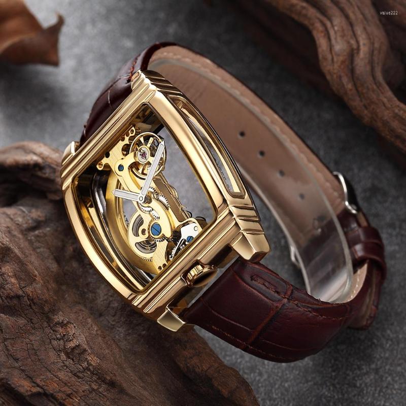 

Wristwatches Fashion Tonneau Dial Transparent Watches Men Gold Tourbillon Automatic Mechanical Montre Homme SHENHUA, Black silver