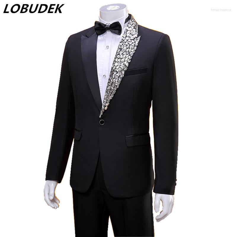 

Men' Suits Men' Singer Host Performance Suit Black Rhinestones Blazer Pants Outfit Wedding Formal Stage 2-Piece Set