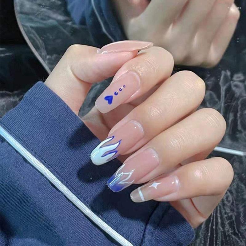 

False Nails 24Pcs/Box Flame White Cloud Bowknot Gradient Detachable Long Ballerina Coffin Full Cover Fake Nail Press On, 1 sheet glue
