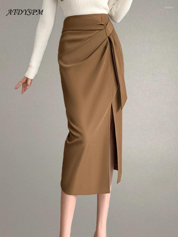 

Skirts High Waist Midi Long Women Vintage Split Folds Bodycon Office Lady Wrap Hip Skirt Female Casual Streetwear Bottoms, Khaki skirts