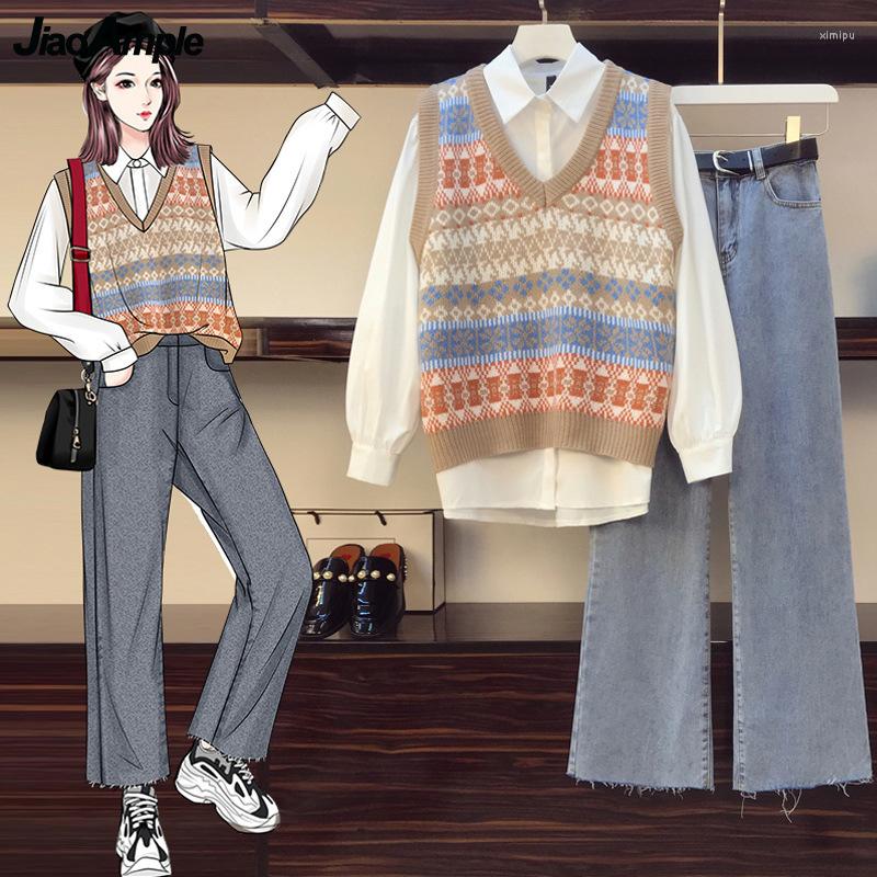 

Women's Two Piece Pants Women Falls Large Size 3 Pcs Set 2023 Preppy Style Casual Shirt Knitted Vest Denim Long Suit Lady Fashion Jeans