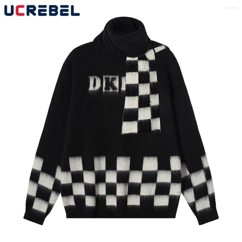 

Men's Sweaters Checkerboard Grid Knitted Sweater Mens Scarf Decoration Loose Casual Long Sleeve Letter Streetwear Autumn Winter Dome, Black