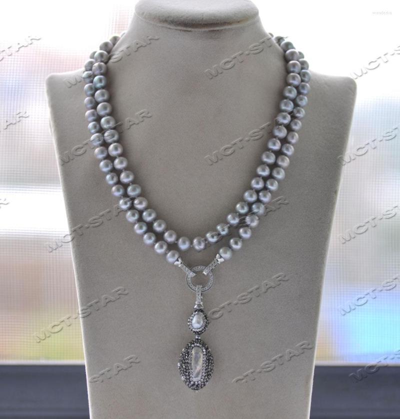 

Pendant Necklaces Z12211 35'' 9mm Gray Round Freshwater Pearl Necklace CZ