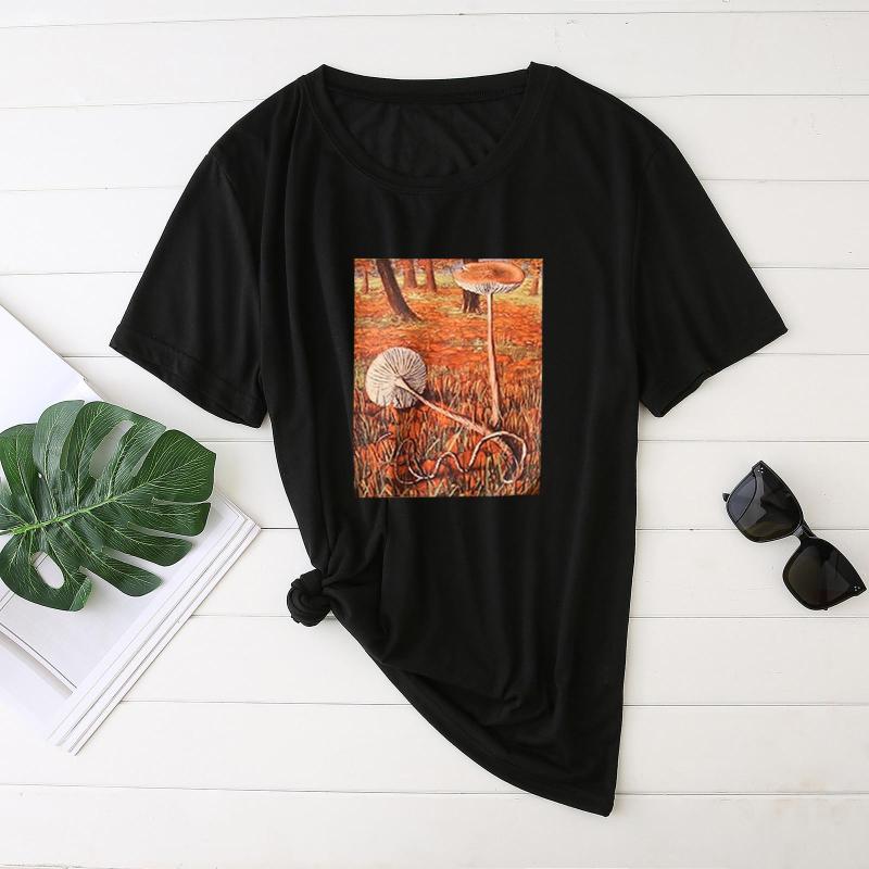 

Women' T Shirts Extra Long Sleeve Print Loose Christmas Top Short Mushrooms T-Shirt Neck Round Women High Blouse, Black