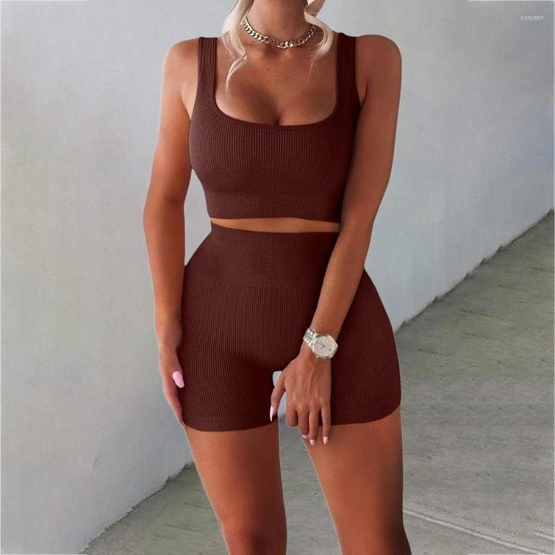 

Active Sets Two-piece Set Ins Seamless Knitting Sexy Gym Sport Workout Running Sports Short Bra Yoga Suit Tracksuit U-neck Fitness, Brown