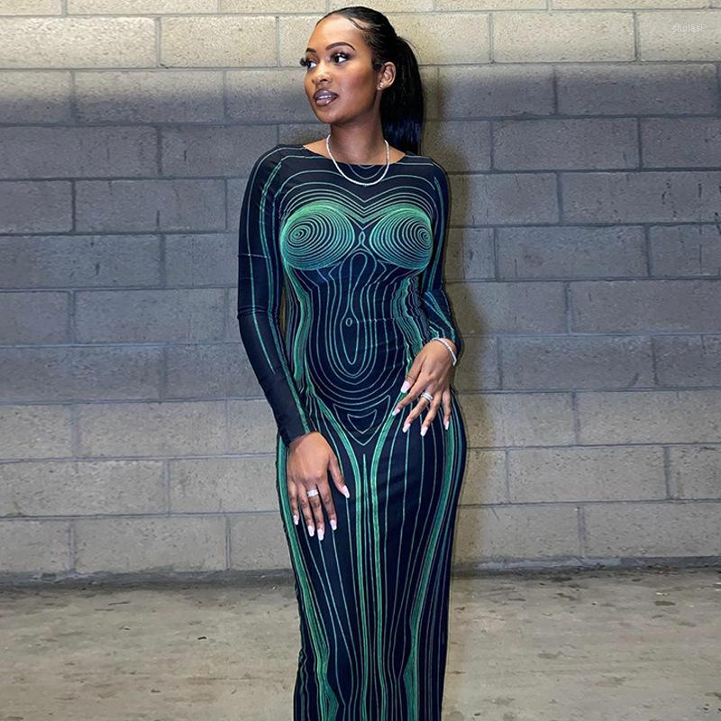 

Casual Dresses Striped 3D Body Print Backless Maxi Dress Women Sexy Long Sleeve Bodycon Robe Y2K Clubwear Party Outfits, Green