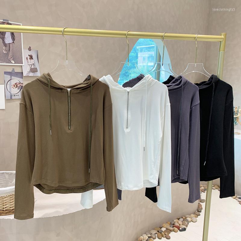 

Women's T Shirts In Women's Clothing 2023 Spring Zipper Slim Long Sleeve Hooded T-shirt Thread Cotton Elastic Student Bottom Top, Black