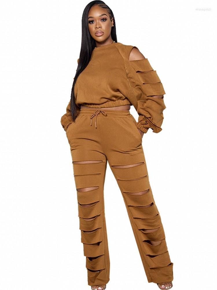

Women' Two Piece Pants Fashion Hole Pieces Set Women Matching Sets Autumn Long Sleeve Crop Top And Wide-legged Straight Suit African, Caramel color