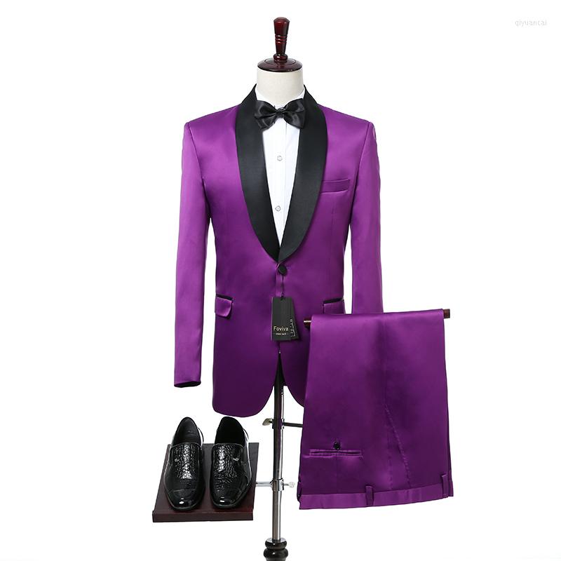 

Men's Suits 2023 Purple Mens For Prom Party Black Shawl Lapel Casual Style Wedding Tuxedos Groom 2 Piece Jacket Pants