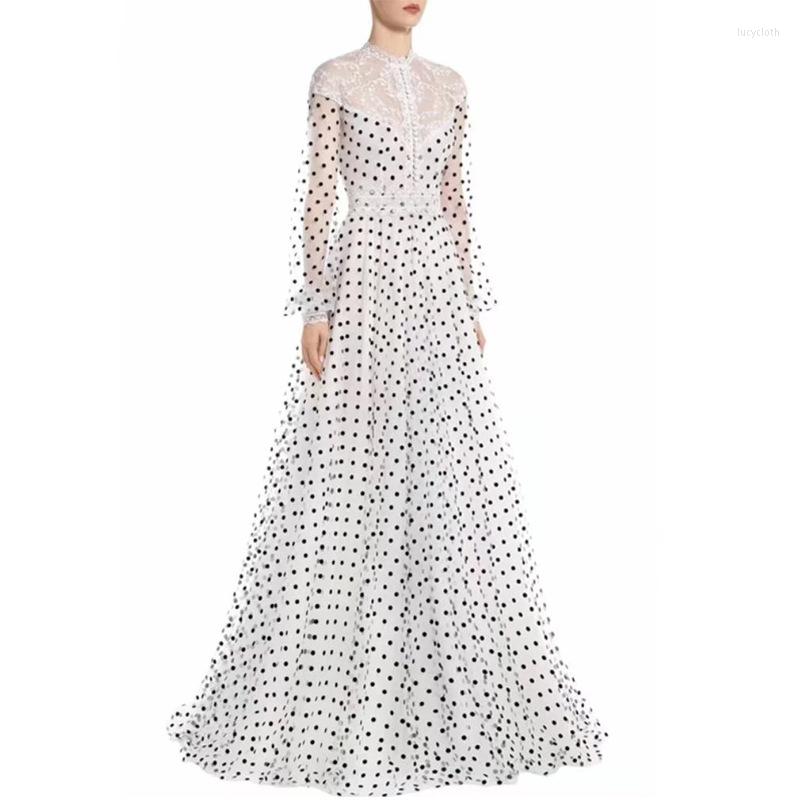 

Casual Dresses Runway Designers Vintage Mesh Embroidery Long For Women 2023 Elegant Sleeve White Polka Dot Maxi Dress