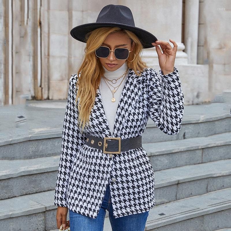 

Women' Suits Blazer Women Autumn And Winter Houndstooth Women' Plaid Printed Suit, White