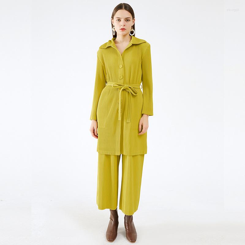 

Women's Two Piece Pants Miyake Pleated Yellow Single Breasted Dress Blazer Sets Fall 2023 Winter Korean Fashion Casual Thickened Long Coats, Yellow pants