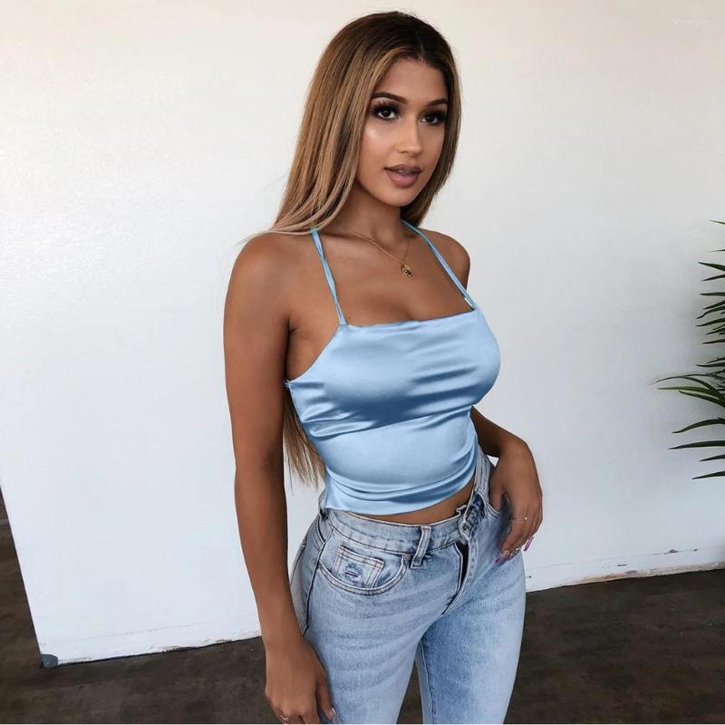 

Women's Tanks Summer Women Lady Chic Slim Solid Satin Silk Lace Up Camis Spaghetti Strap Vest Tank Tops Female Sexy Backless Party Club, Blue