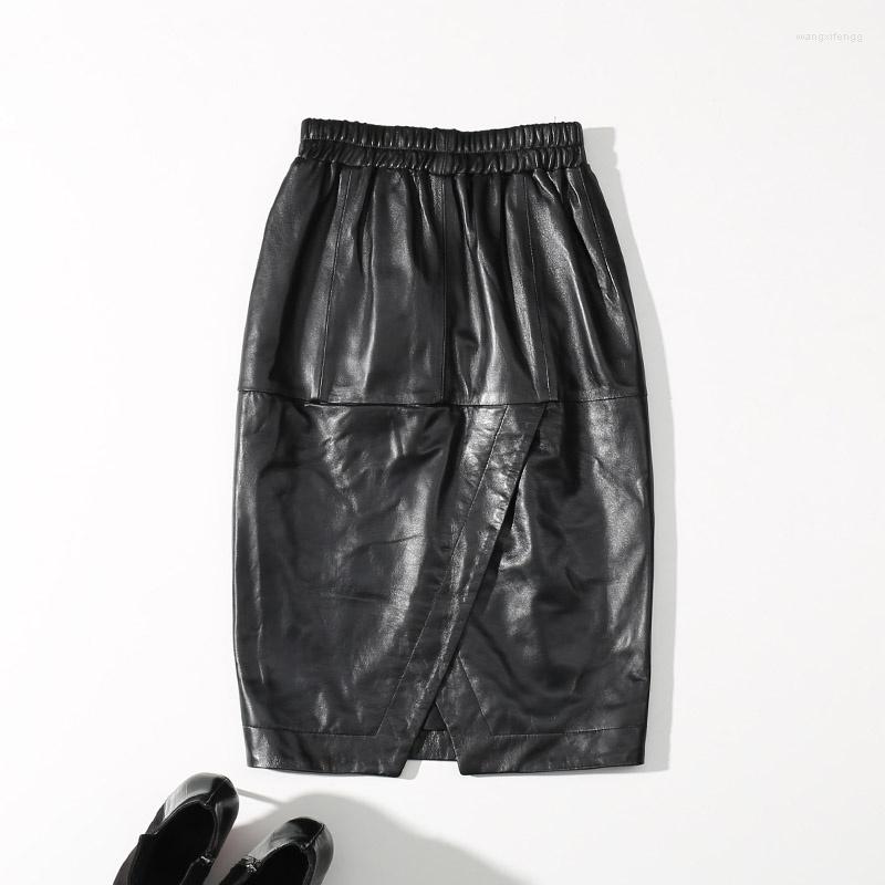 

Skirts Leather Women Real Black Elastic Waist Knee Length Streetwear Female Office Genuine Sheepskin Ladies Skirt