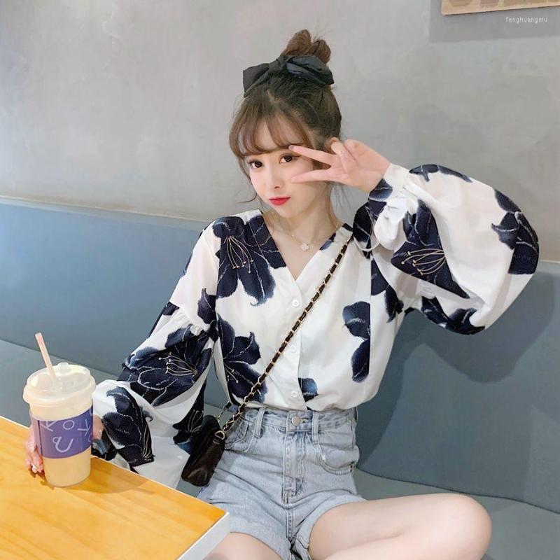 

Women' Blouses Women Shirt Female Floral Print Long Sleeve Lantern Fashion Woman 2023 Korean Style V-neck Ladies Tops, White