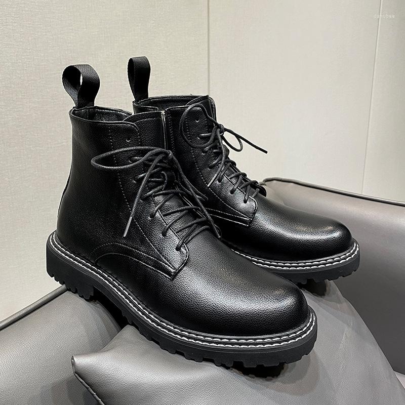 

Boots Vintage Fashion Men Casual Shoes Round Toe High Quality Leather Ankle Tooling British Spring Autumn Motorcycle, Black