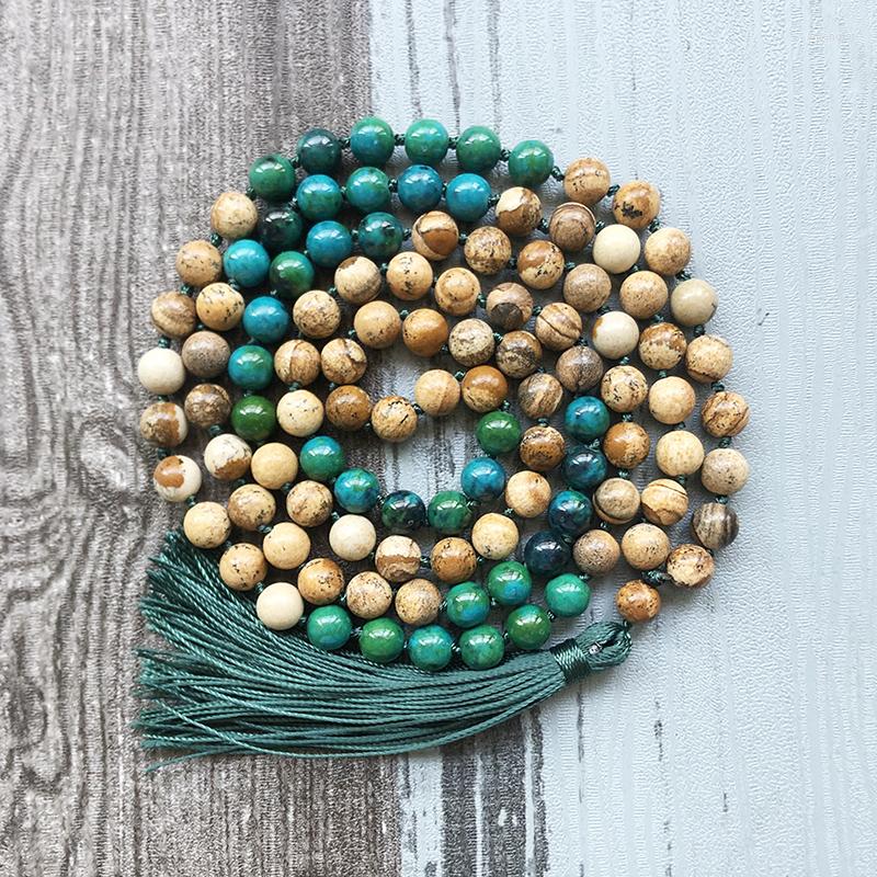 

Pendant Necklaces Picture Stone & Chrysocolla Meditation Necklace 108 Bead Hand Knotted Mala Tassel Chakra Jewelry For Unisex