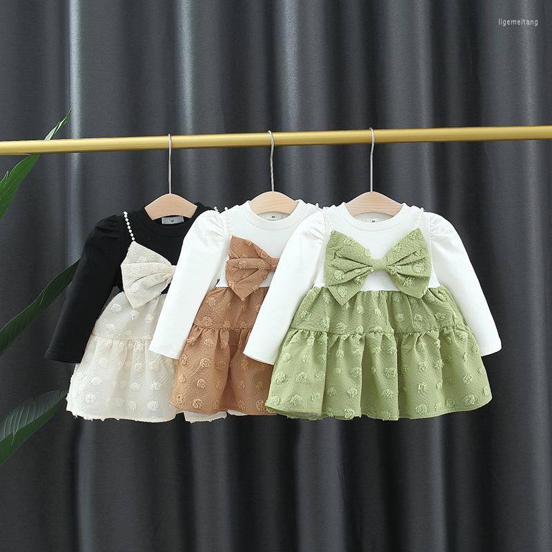 

Girl Dresses Baby Girls One Piece Dress Autumn 2023 Long Sleeve Patchwork Bow Children Pleated Cute Kids Clothes Vestidos, Black