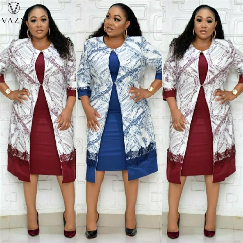 

Work Dresses VAZN 2023 Fashion High Street Style Sets Long Sleeve Outwear Short Mid Skirt Printed Dress 2 Piece, Blue