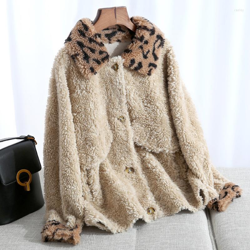 

Women' Fur Autumn Winter Coat Women Sheep Shearling Real Female Wool Coats Korean Leopard Jacket Manteau Femme MY4383, Creamy camel