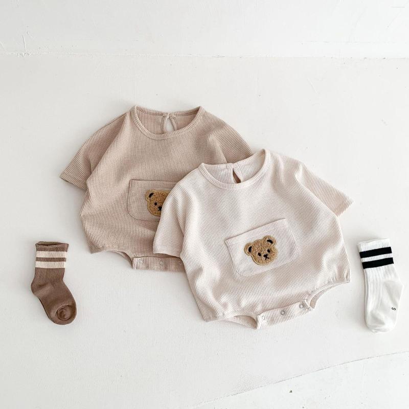 

Rompers 2023 Summer Baby Short Sleeve Bodysuit Cotton Breathable Waffle Clothes Boy Girl Infant Cute Bear Jumpsuit, Beige