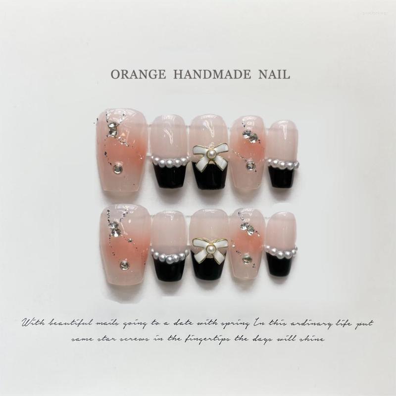 

False Nails Medium Coffin Press On Nude Pink Artificial Full Cover With Bow Designs Glitter Decoration Nail Art Stick, S-send tool kit