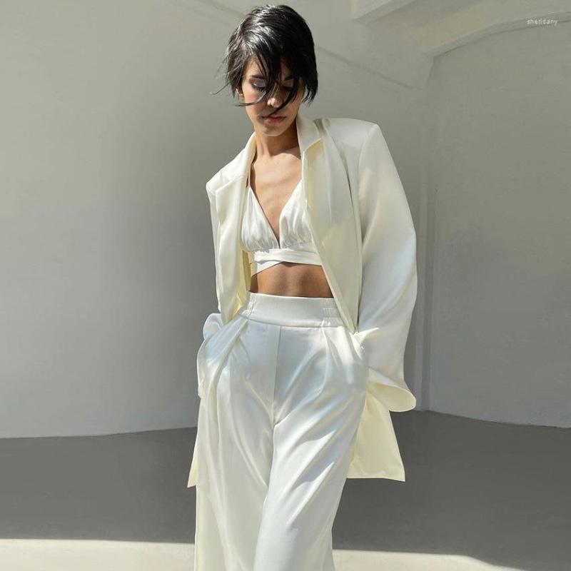 

Women' Two Piece Pants Satin Wide Leg Women' 2023 Autumn White Jacket And Lace Up Halter Tank Tops, White tank tops