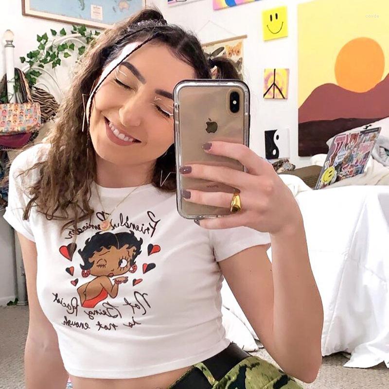 

Women' T Shirts Y2K Aesthetic Cute Girl Crop Top Kawaii Cartoon Print White T-shirt Summer Short Sleeve Baby Tees Harajuku Preppy