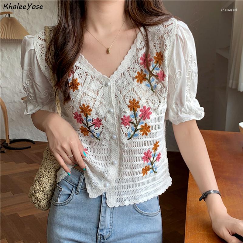 

Women's Blouses KHALEE YOSE Knitted Floral Embroidery Blouse Shirt Crochet Cotton Summer Hollow Out Sheer Women Ethnic Boho Ladies Shirts, White