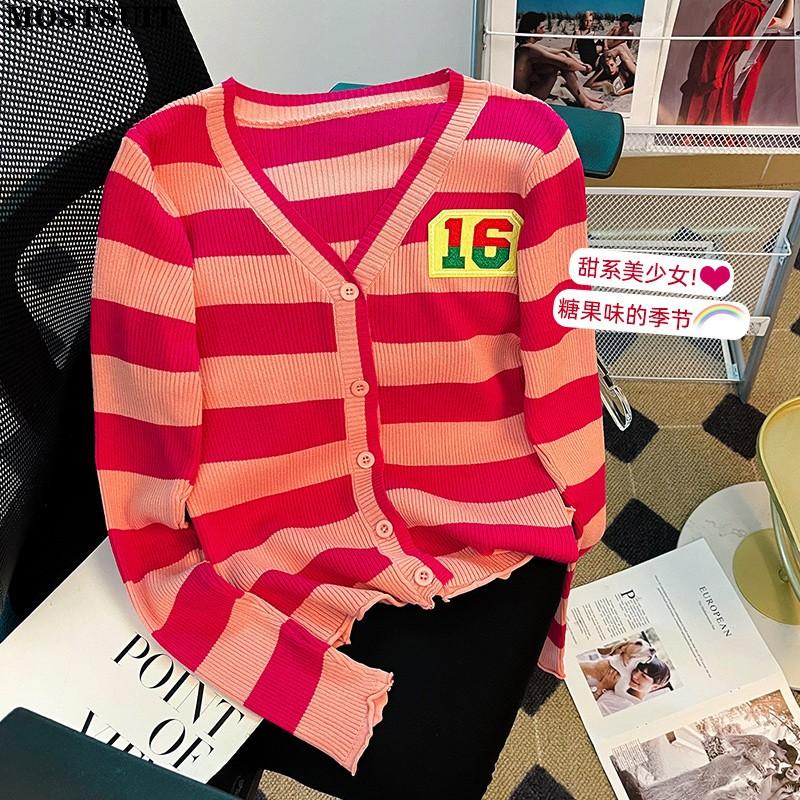 

Women's Knits & Tees Casual Striped Knitted Cardigan Sweater Women 2023 Autumn Contrast Color Fashion Chic Ladies Tops Long Sleeve V-neck Ju, Blue